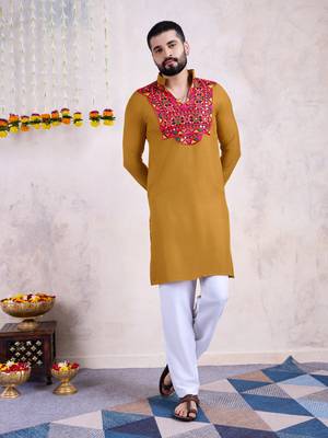 Yellow rayon embroidery with mirror work wedding function festival navratri party wear diwali straight kurta 7