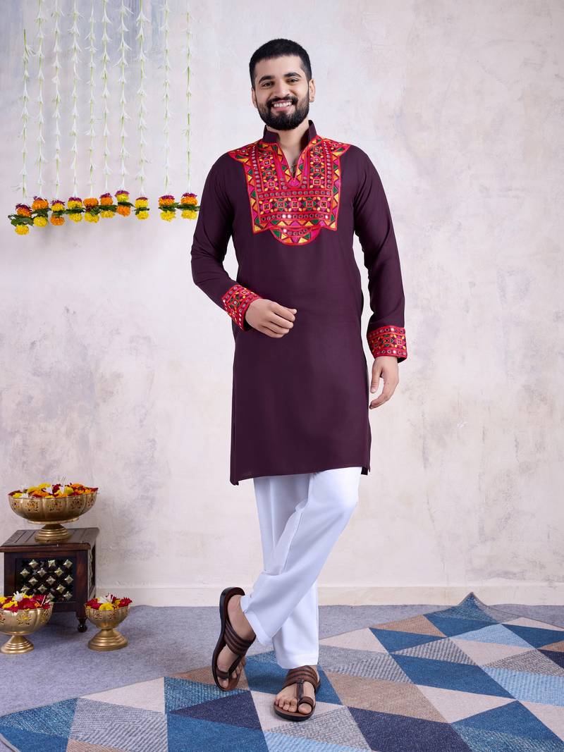 purple rayon embroidered straight kurta with mirror work
