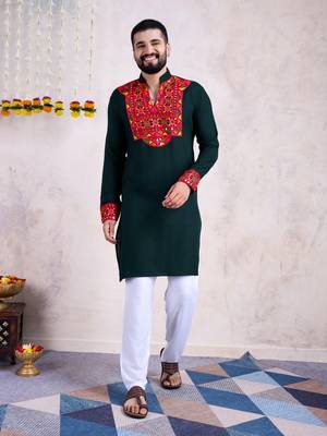 Green rayon embroidery with mirror work wedding function festival navratri party wear diwali straight kurta 7