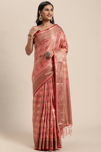 Pink Zari Woven Design Faux Banarasi Pure Cotton Traditional Saree