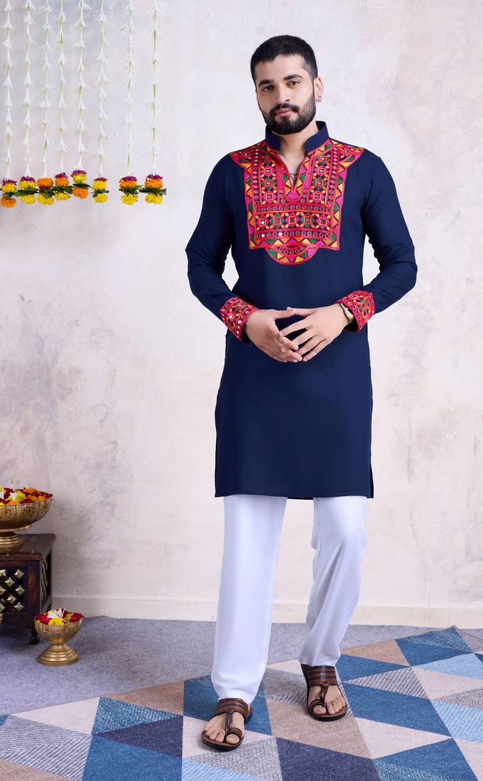 Navy blue rayon embroidery with mirror work wedding function festival navratri party wear diwali straight kurta
