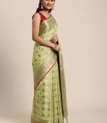 Pista Zari Woven Design Faux Banarasi Pure Cotton Traditional Saree