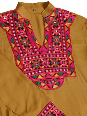 Yellow rayon embroidery with mirror work wedding function festival navratri party wear diwali straight kurta 8