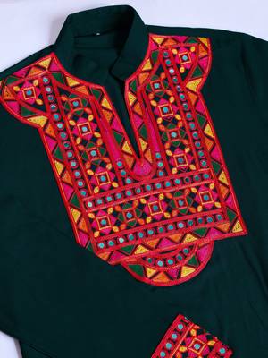 Green rayon embroidery with mirror work wedding function festival navratri party wear diwali straight kurta 8