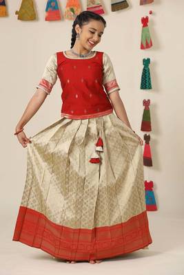 red banaras mughal pattu pavadai for girls 1
