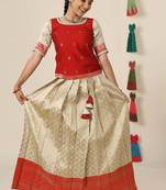 red banaras mughal pattu pavadai for girls