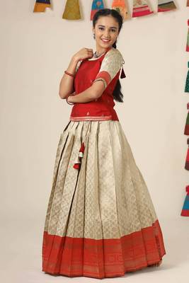 red banaras mughal pattu pavadai for girls 2
