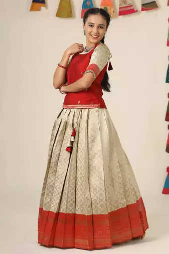red banaras mughal pattu pavadai for girls