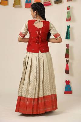 red banaras mughal pattu pavadai for girls 3