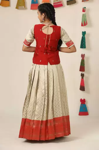 red banaras mughal pattu pavadai for girls