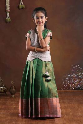 green copper silk pattu pavadai for girls 1