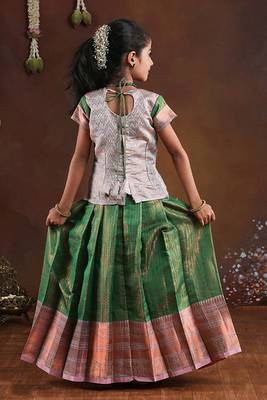 green copper silk pattu pavadai for girls 2