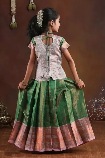green copper silk pattu pavadai for girls