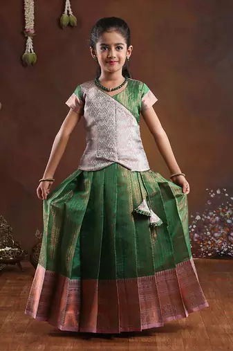 green copper silk pattu pavadai for girls