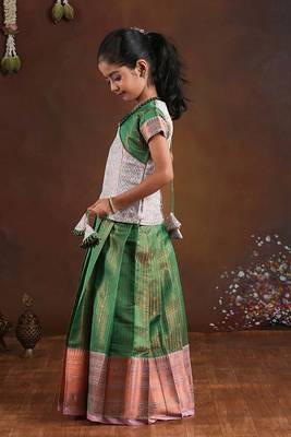 green copper silk pattu pavadai for girls 4