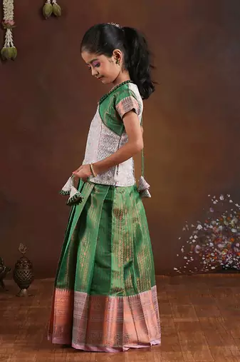 green copper silk pattu pavadai for girls