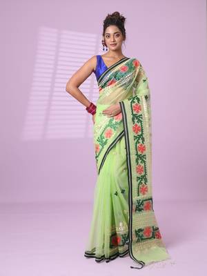 Pistachio green muslin soft saree with embroidered work 1