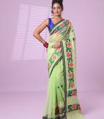 Pistachio green muslin soft saree with embroidered work