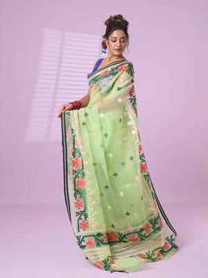 Pistachio green muslin soft saree with embroidered work 2