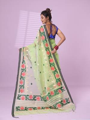 Pistachio green muslin soft saree with embroidered work 3