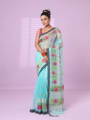 Sky blue muslin soft saree with embroidered work 1
