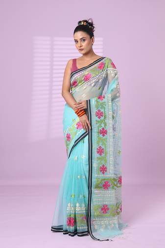 Sky blue muslin soft saree with embroidered work