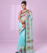 Sky blue muslin soft saree with embroidered work