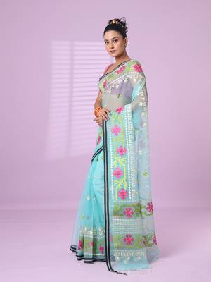 Sky blue muslin soft saree with embroidered work 2