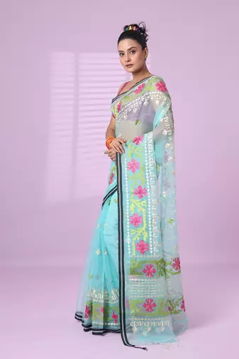 Sky blue muslin soft saree with embroidered work