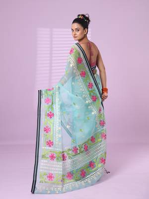 Sky blue muslin soft saree with embroidered work 3
