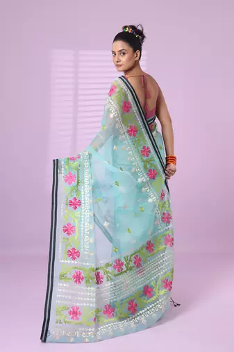 Sky blue muslin soft saree with embroidered work