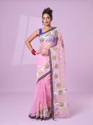 Baby pink muslin soft saree with embroidered work 1