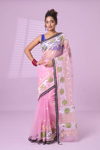 Baby pink muslin soft saree with embroidered work