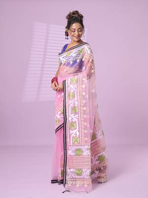 Baby pink muslin soft saree with embroidered work 2