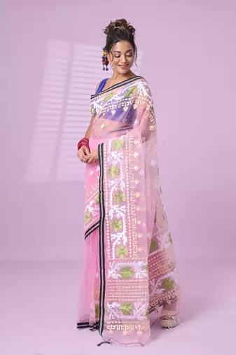Baby pink muslin soft saree with embroidered work
