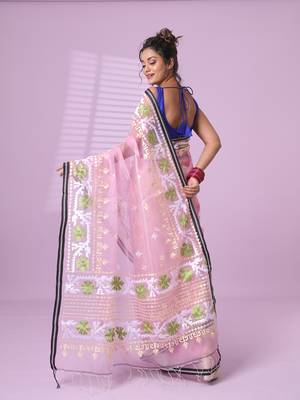 Baby pink muslin soft saree with embroidered work 3