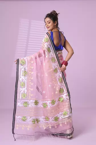 Baby pink muslin soft saree with embroidered work