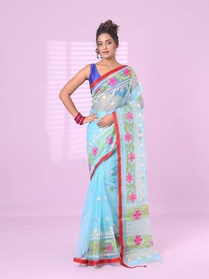 Sky blue muslin soft saree with embroidered work 1