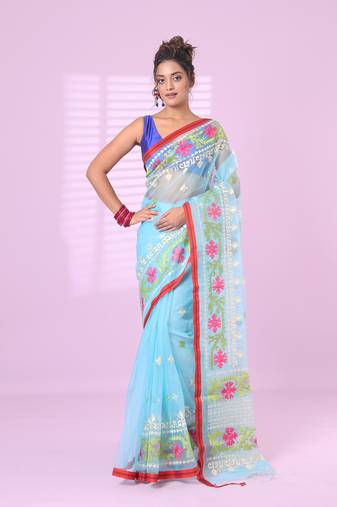 Sky blue muslin soft saree with embroidered work