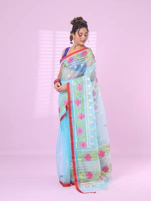 Sky blue muslin soft saree with embroidered work 2