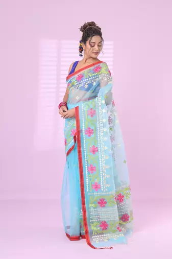 Sky blue muslin soft saree with embroidered work