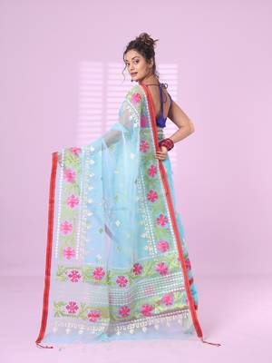 Sky blue muslin soft saree with embroidered work 3