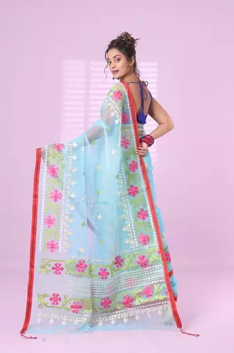 Sky blue muslin soft saree with embroidered work