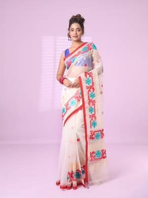 Off white muslin soft saree with embroidered work 1