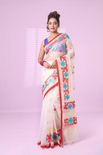 Off white muslin soft saree with embroidered work