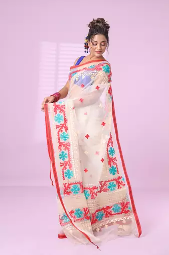 Off white muslin soft saree with embroidered work