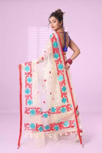 Off white muslin soft saree with embroidered work