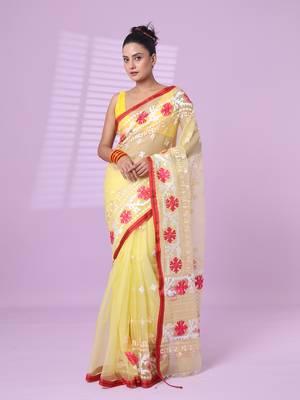 Banana yellow muslin soft saree with embroidered work 1