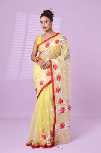 Banana yellow muslin soft saree with embroidered work