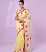 Banana yellow muslin soft saree with embroidered work